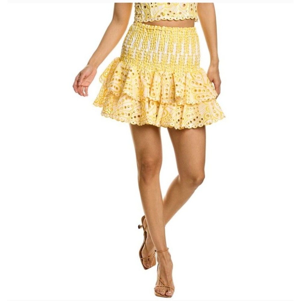CHARO RUIZ Ibiza Nova Mini Skirt In Yellow Eyelet Lace Tiered Size Small